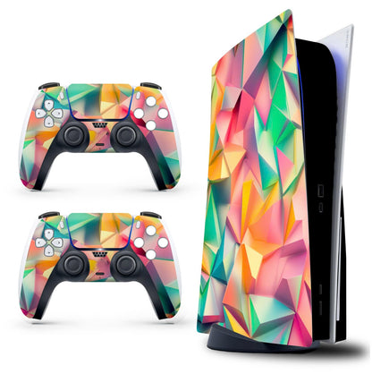 Skin Sticker for Game Console 5 Cover - 3D Polygon, Compatible with Both Disc Edition & Digital Edition (not Slim Ver) - 2 Controller Skins & Console Skin - No Bubble, Full Protection