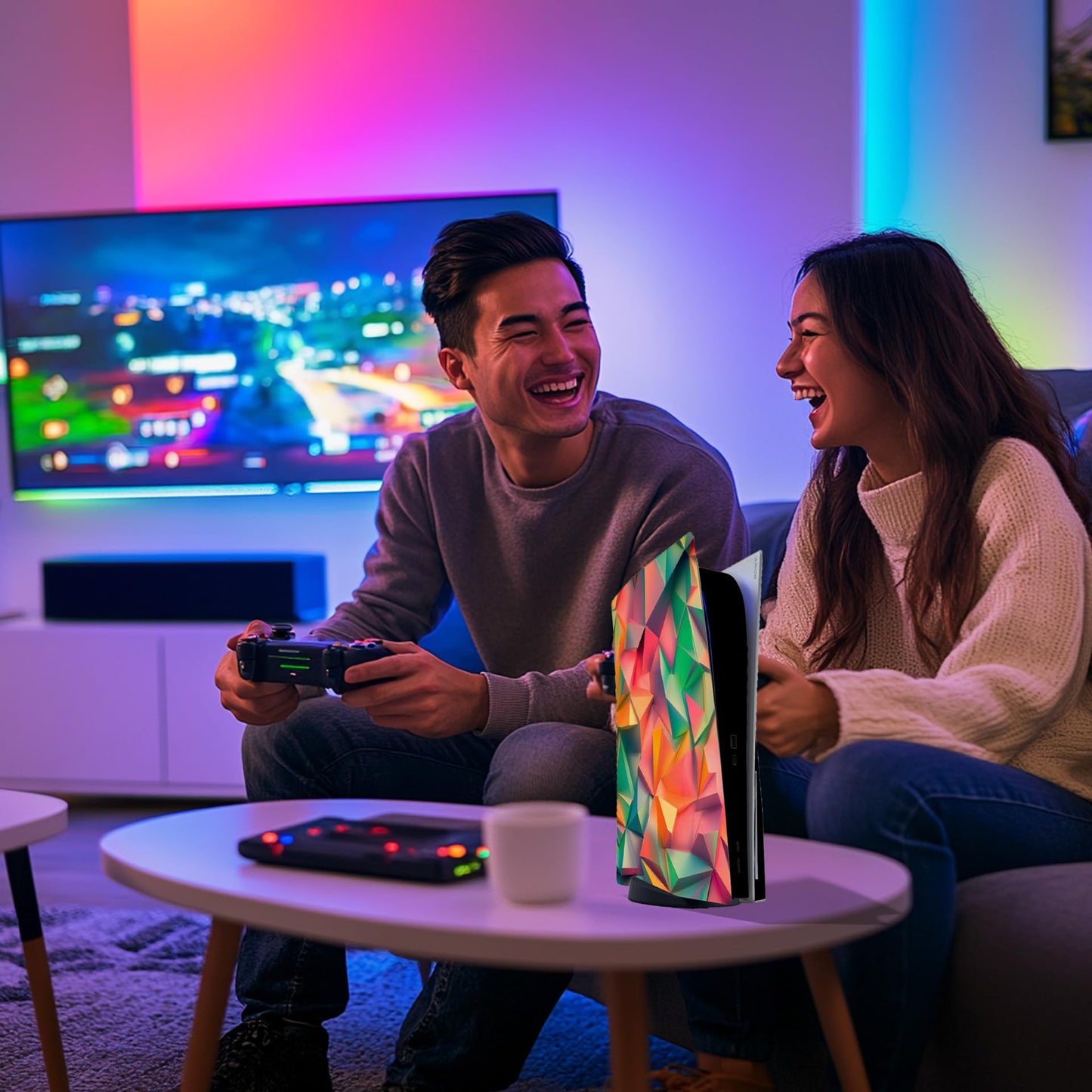 Skin Sticker for Game Console 5 Cover - 3D Polygon, Compatible with Both Disc Edition & Digital Edition (not Slim Ver) - 2 Controller Skins & Console Skin - No Bubble, Full Protection