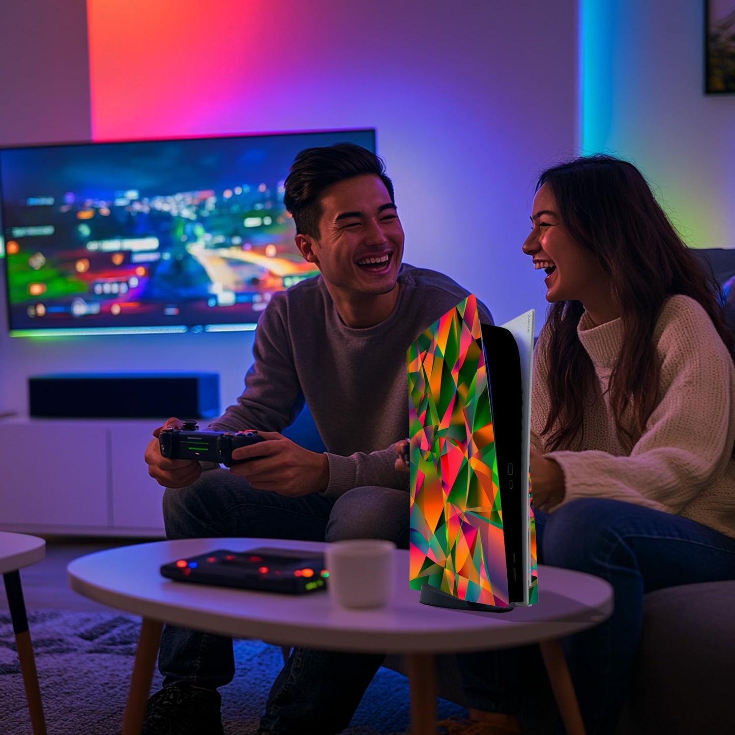 Skin Sticker for Game Console 5 Cover - 3D Polygon, Compatible with Both Disc Edition & Digital Edition (not Slim Ver) - 2 Controller Skins & Console Skin - No Bubble, Removable