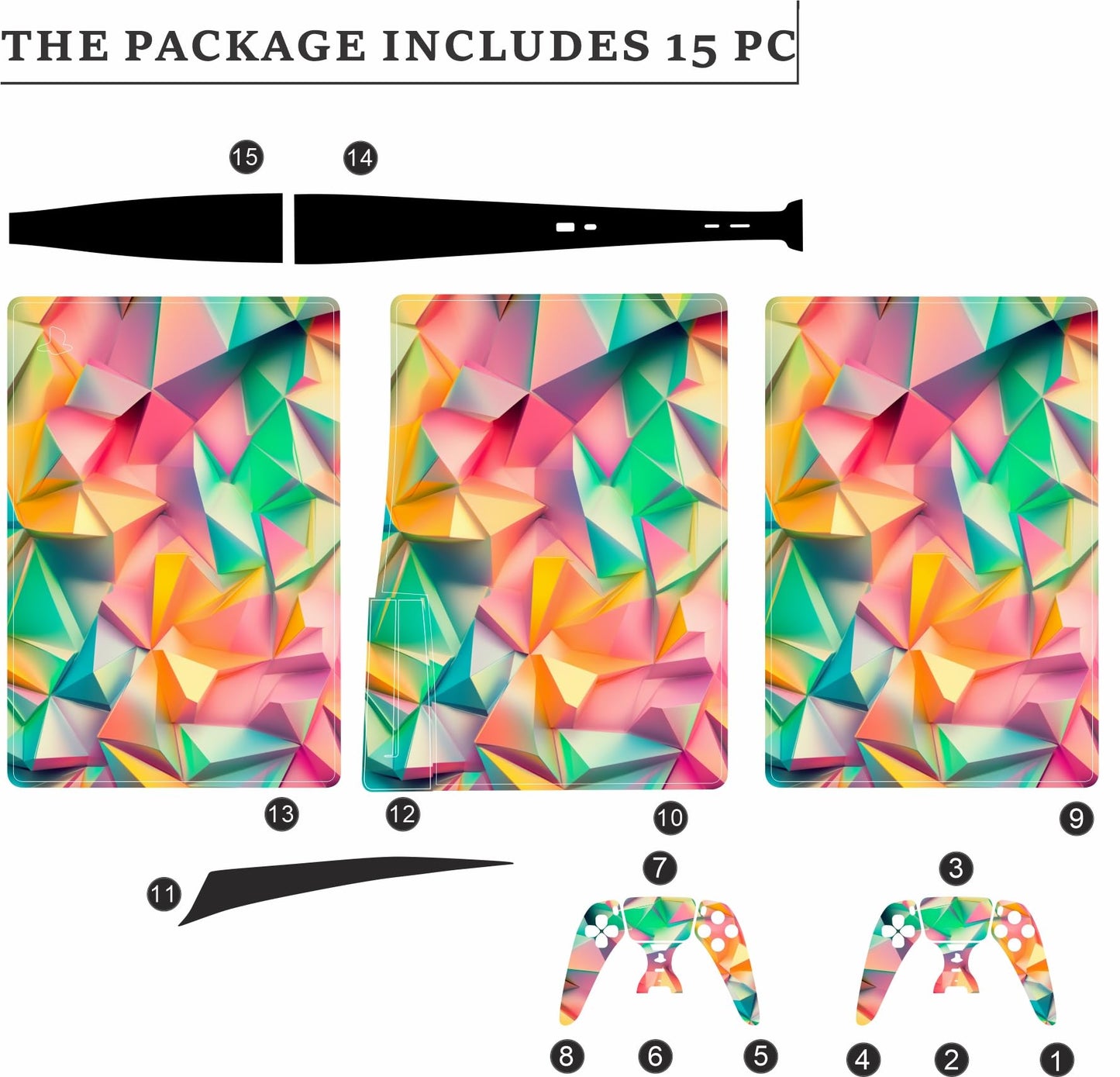 Skin Sticker for Game Console 5 Cover - 3D Polygon, Compatible with Both Disc Edition & Digital Edition (not Slim Ver) - 2 Controller Skins & Console Skin - No Bubble, Full Protection