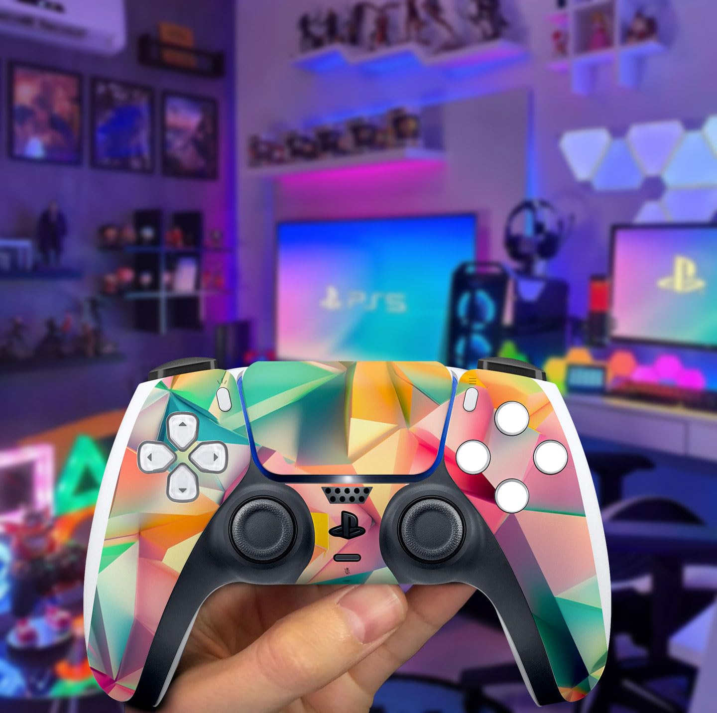 Skin Sticker for Game Console 5 Cover - 3D Polygon, Compatible with Both Disc Edition & Digital Edition (not Slim Ver) - 2 Controller Skins & Console Skin - No Bubble, Full Protection