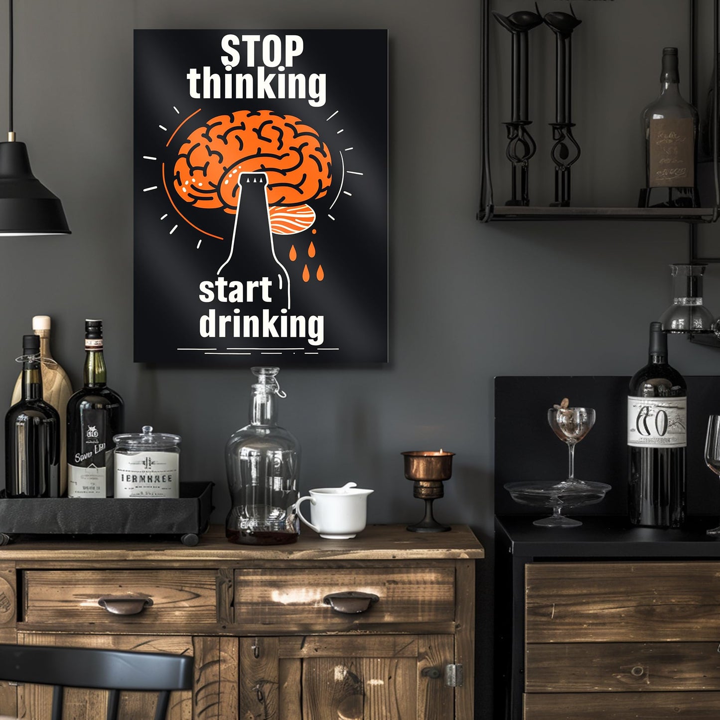 HK Studio Funny Bar Sign - Stop Thinking Start Drinking Bar Decor