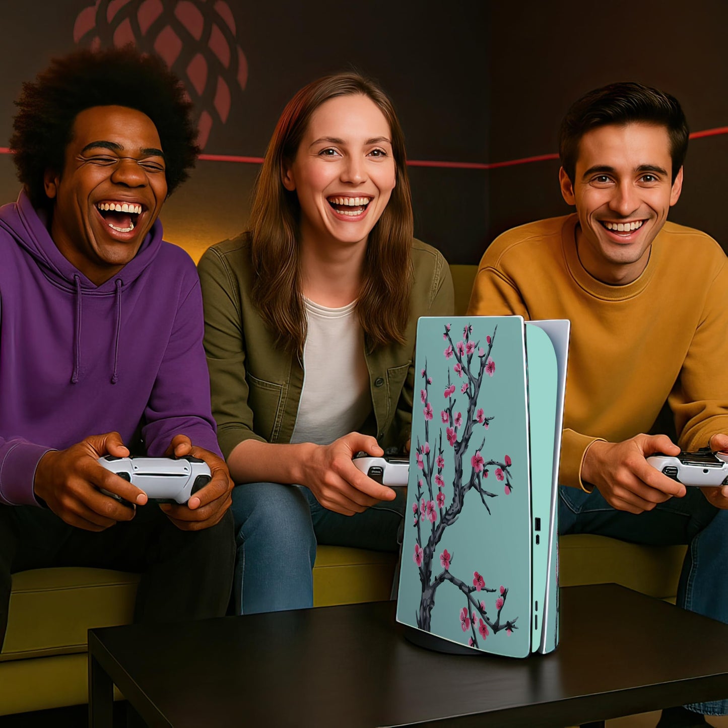 Skin Sticker for Game Console 5 Cover - Teal Cherry, Compatible with Both Disc Edition & Digital Edition (not Slim Ver) - 2 Controller Skins & Console Skin - No Bubble, Full Protection, Removable