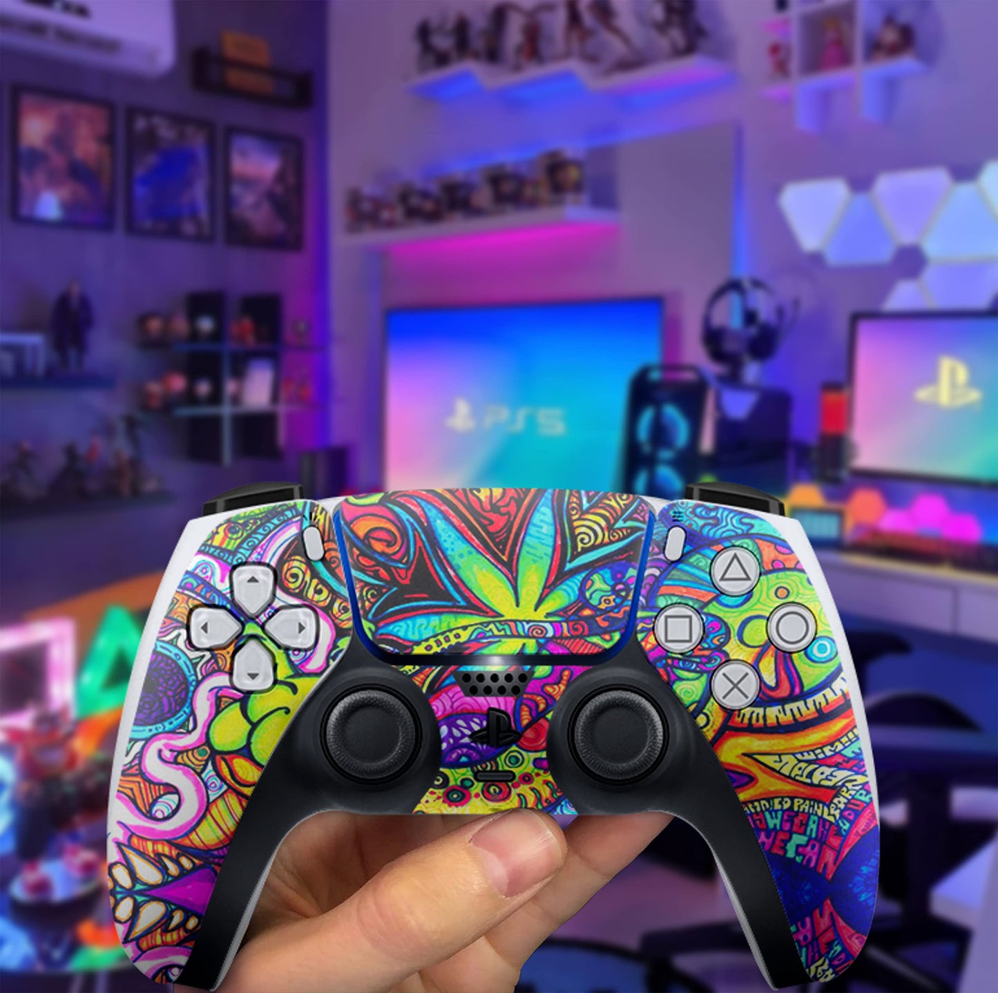 HK Studio Hippie Art Decal Sticker Skin Specific Cover for Both PS5 Disc Edition and Digital Edition - Waterproof, No Bubble, Including 2 Controller Skins and Console Skin