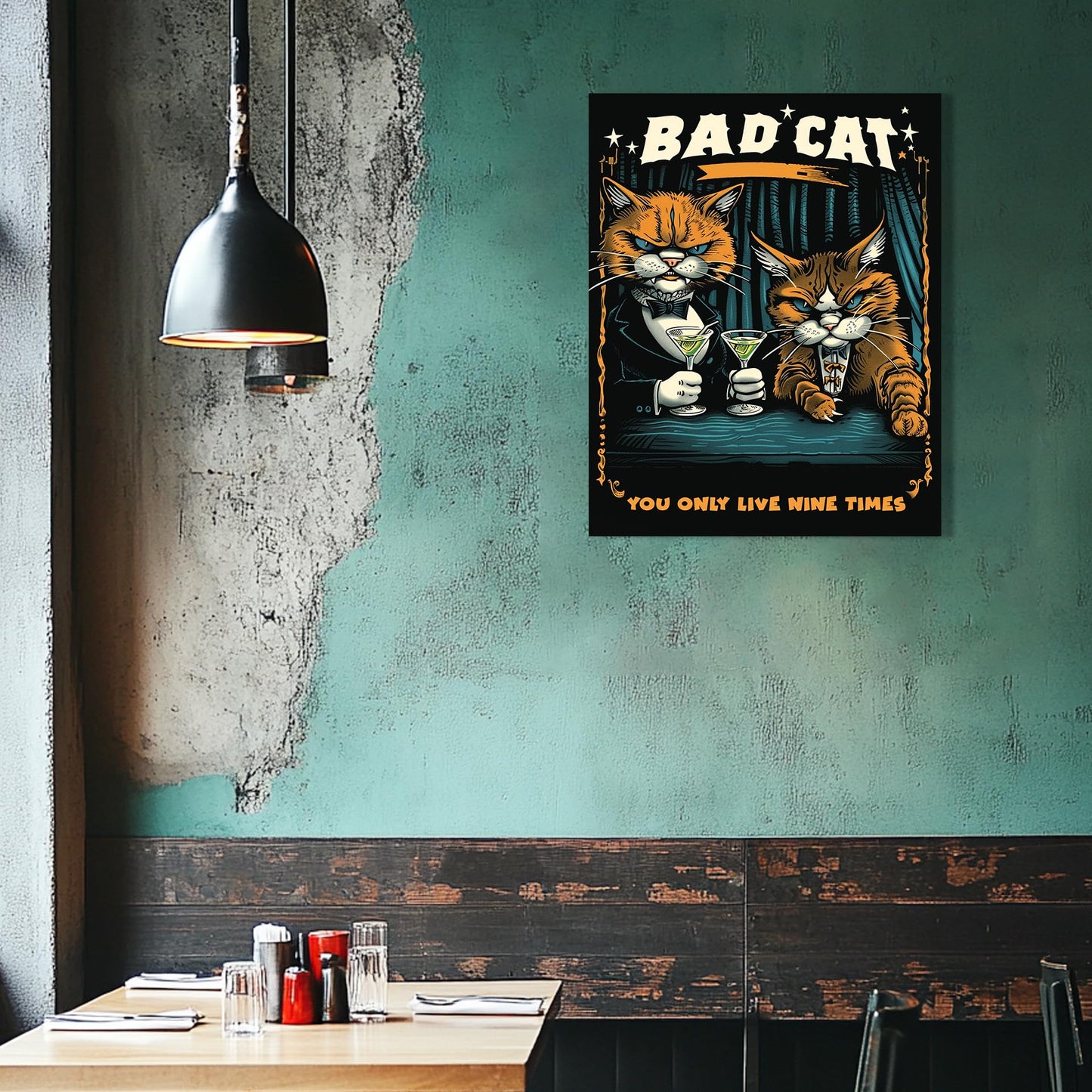 HK Studio Funny Cat Decor Aesthetic Posters 13" x 17" - Bad Cat You Only Live Nine Times Dorm Decor, Room Decor Aesthetic, Bar Decor