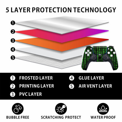 Skin Sticker for Game Console 5 Cover - Matrix Art, Compatible with Both Disc Edition & Digital Edition (not Slim Ver) - 2 Controller Skins & Console Skin - No Bubble, Full Protection, Removable