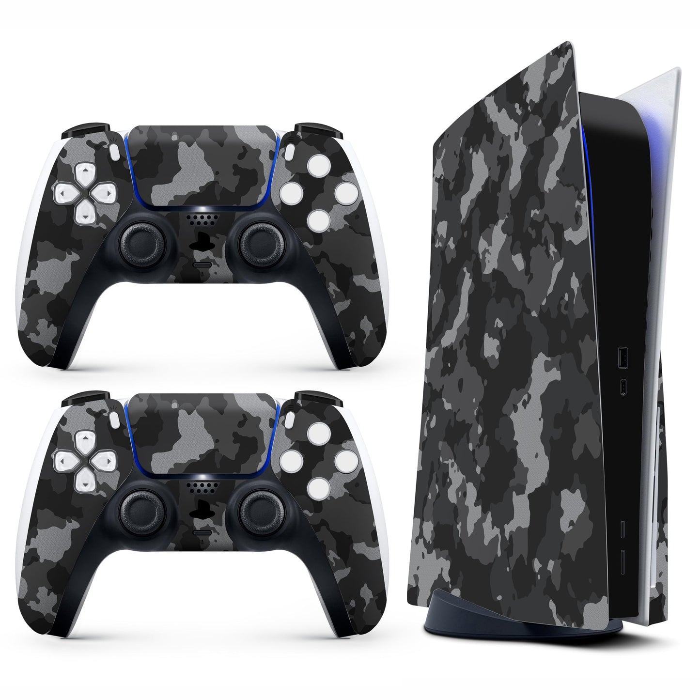 Skin Sticker for Game Console 5 Cover - Grey Camo, Compatible with Both Disc Edition & Digital Edition (not Slim Ver) - 2 Controller Skins & Console Skin - No Bubble, Full Protection, Removable