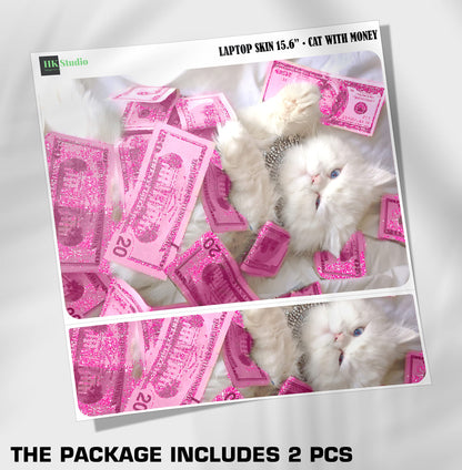 HK Studio Laptop Skin Decal Specific Fit for HP 15.6" with No Cutting Required, No Bubble, Waterproof, Scratch Resistant, Money Cat Design - Including Wide Screen and Full Wrist Pad Skin