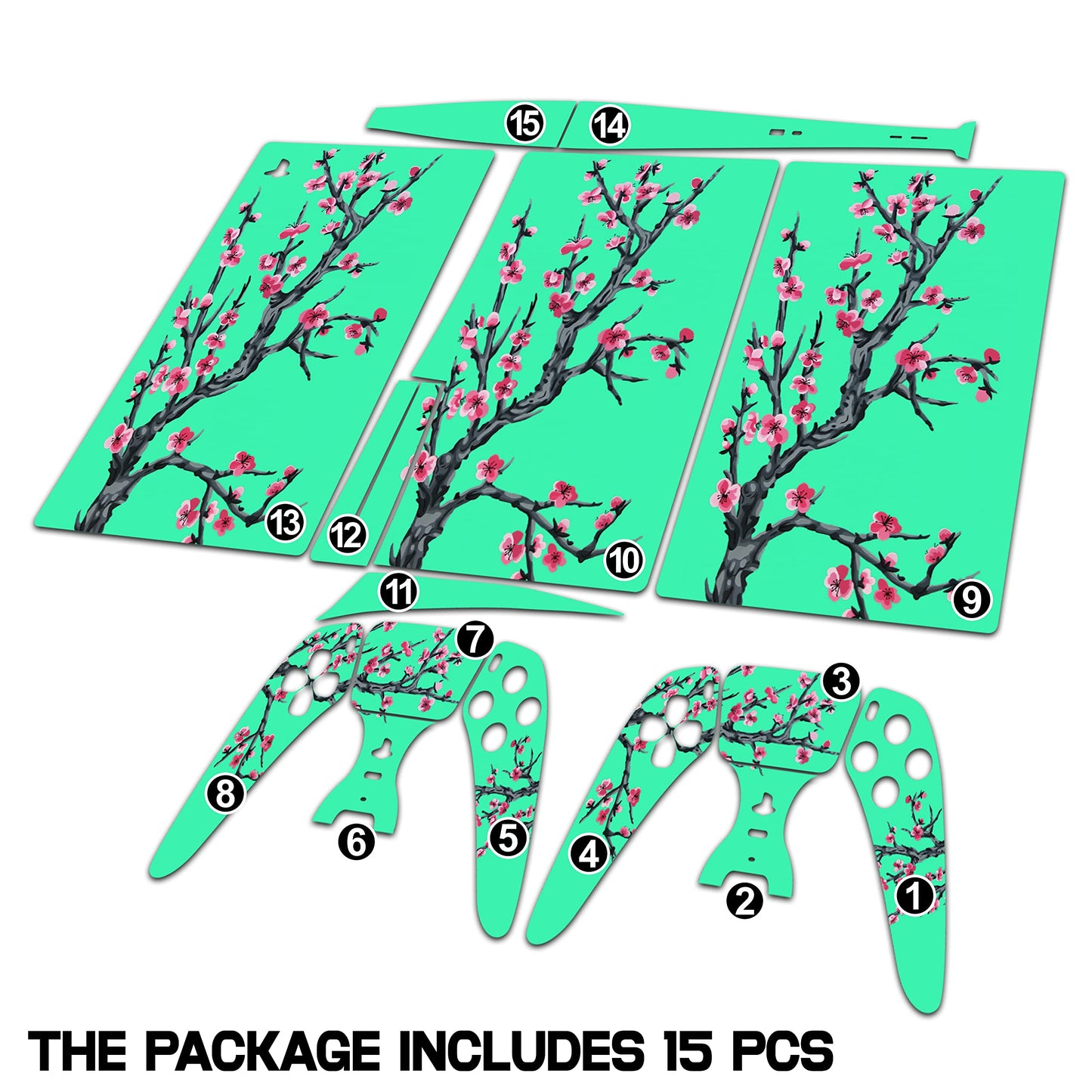 Skin for PS5 Sticker Cover - Teal Cherry Blossom Game, Compatible with Both Disc Edition & Digital Edition (not Slim Ver) - 2 Controller Skins & Console Skin - No Bubble, Full Protection, Waterproof