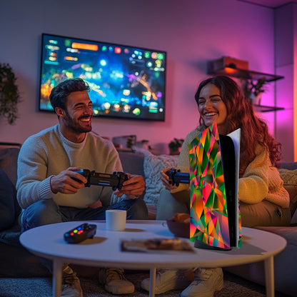 Skin Sticker for Game Console 5 Cover - 3D Polygon, Compatible with Both Disc Edition & Digital Edition (not Slim Ver) - 2 Controller Skins & Console Skin - No Bubble, Removable
