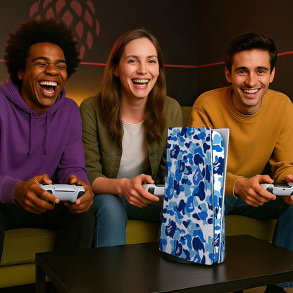 Skin Sticker for Game Console 5 Cover - Blue Camo, Compatible with Both Disc Edition & Digital Edition (not Slim Ver) - 2 Controller Skins & Console Skin - No Bubble, Full Protection, Removable