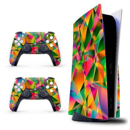 Skin Sticker for Game Console 5 Cover - 3D Polygon, Compatible with Both Disc Edition & Digital Edition (not Slim Ver) - 2 Controller Skins & Console Skin - No Bubble, Removable