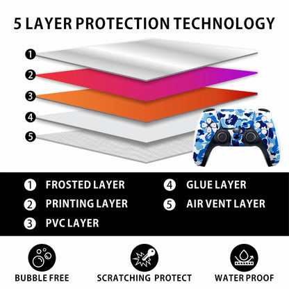 Skin Sticker for Game Console 5 Cover - Blue Camo, Compatible with Both Disc Edition & Digital Edition (not Slim Ver) - 2 Controller Skins & Console Skin - No Bubble, Full Protection, Removable