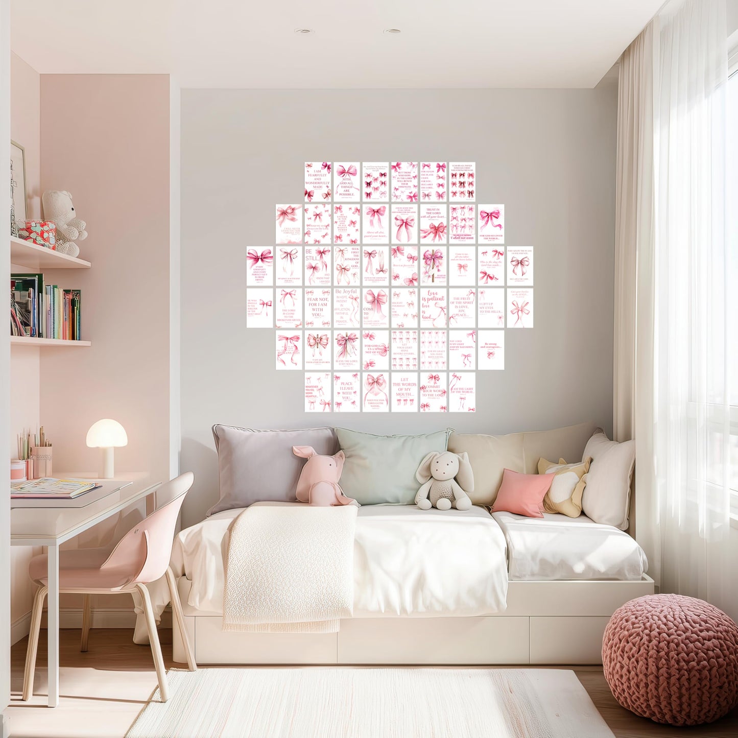 HK Studio Pink Bow Decor - Bible Verses Wall Decor, Posters for Room Decor Aesthetic, Unframed 48 Pcs 4" x 6"