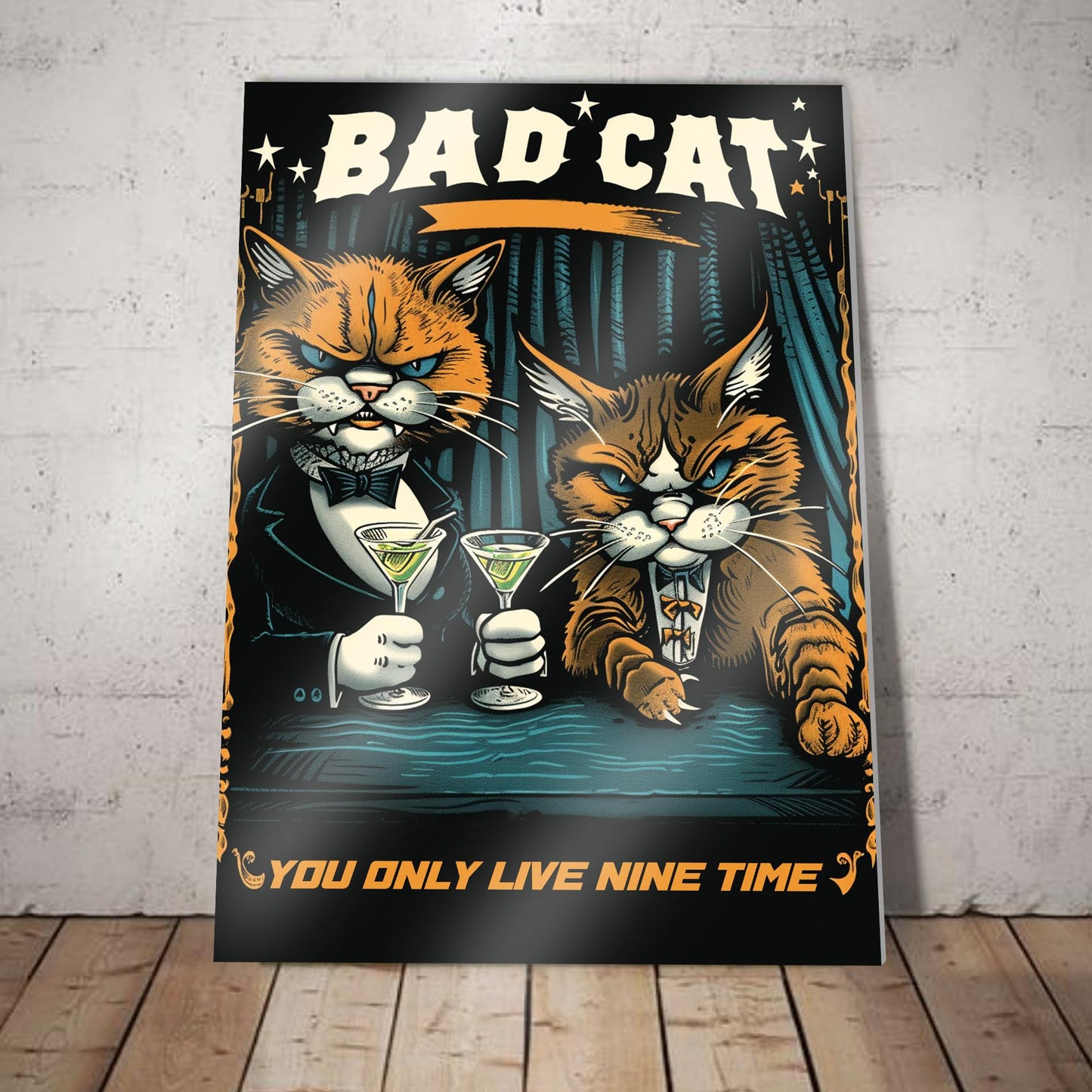 HK Studio Funny Cat Decor Aesthetic Posters 13" x 17" - Bad Cat You Only Live Nine Times Dorm Decor, Room Decor Aesthetic, Bar Decor