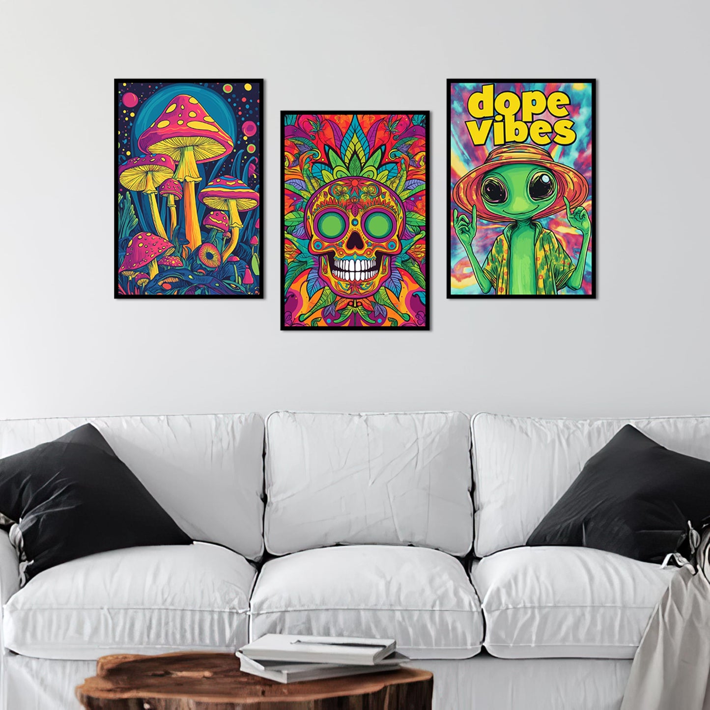 Hippie Room Decor Aesthetic Posters 13" x 17" Pack 3 - Illusion Framed Alien, Mushroom, Skull Dorm Decor, Trippy Room Decor, Funky Decor