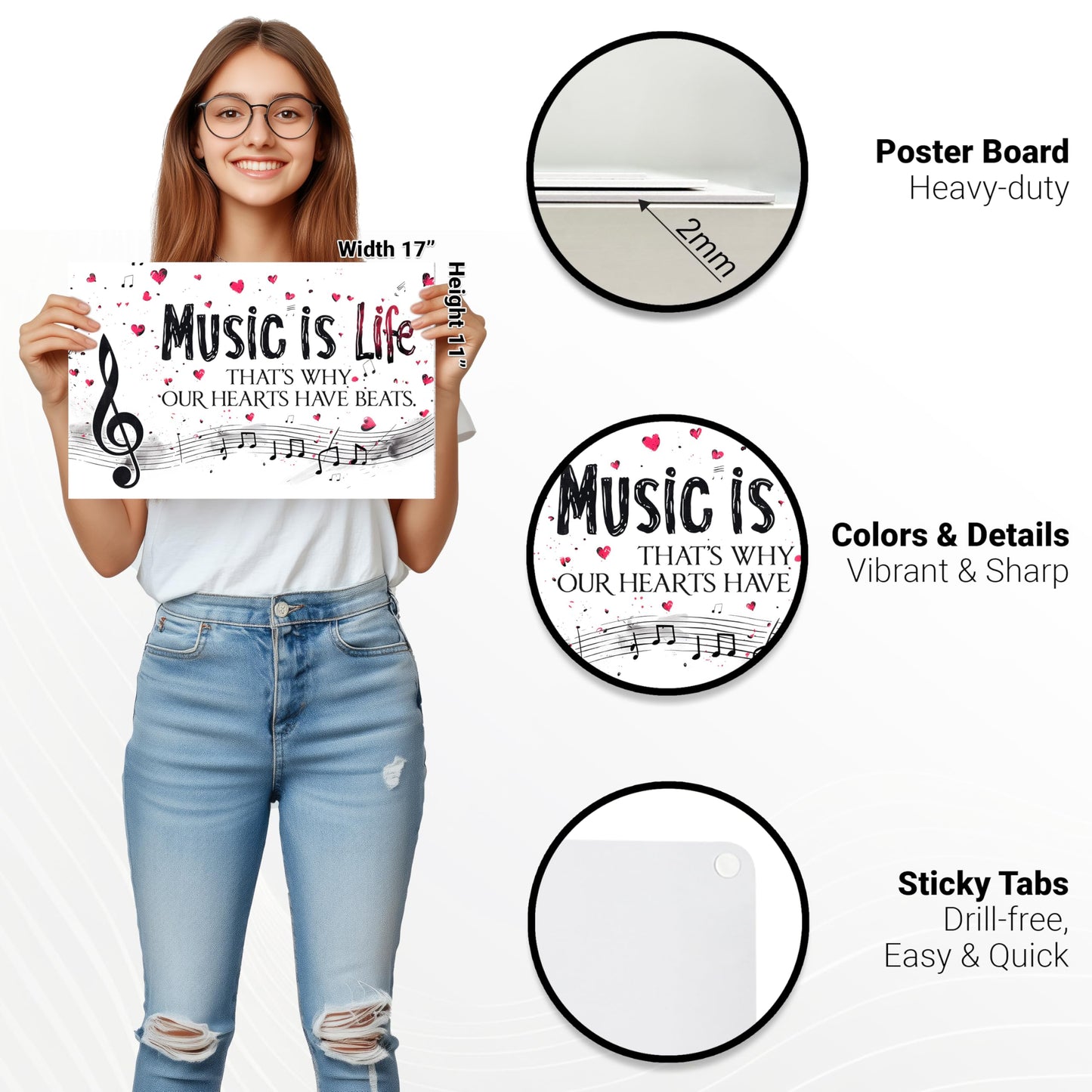 HK Studio Music Poster Room Decor Aesthetic 11" x 17" - Music Is Life That's Why Our Hearts Have Beats for Dorm Decor, Teen Room Decor, Cozy Room Decor