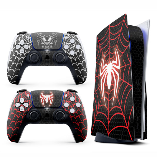 Skin Sticker for Game Console 5 Cover - Spider Art, Compatible with Both Disc Edition & Digital Edition (not Slim Ver) - 2 Controller Skins & Console Skin - No Bubble, Full Protection, Removable