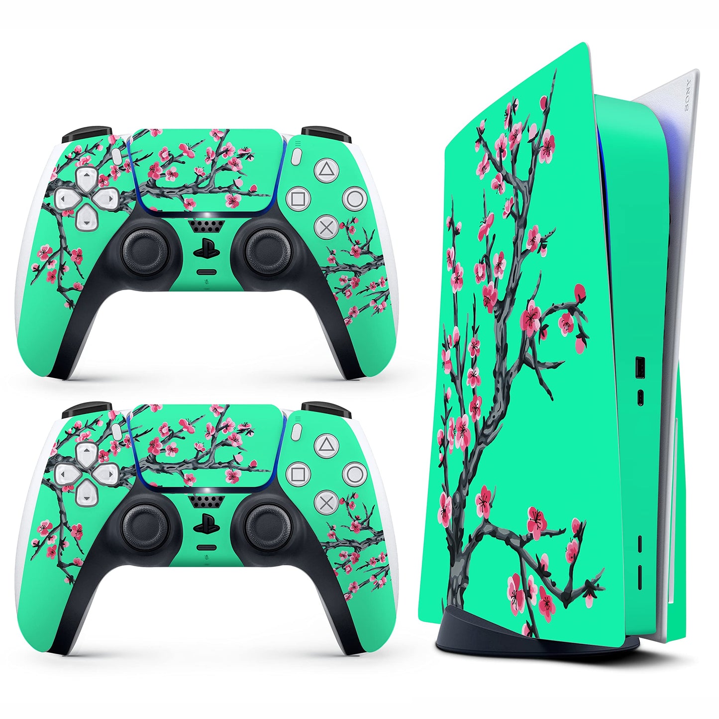 Skin for PS5 Sticker Cover - Teal Cherry Blossom Game, Compatible with Both Disc Edition & Digital Edition (not Slim Ver) - 2 Controller Skins & Console Skin - No Bubble, Full Protection, Waterproof