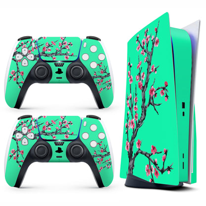 Skin Sticker for Game Console 5 Cover - Teal Cherry, Compatible with Both Disc Edition & Digital Edition (not Slim Ver) - 2 Controller Skins & Console Skin - No Bubble, Full Protection, Removable