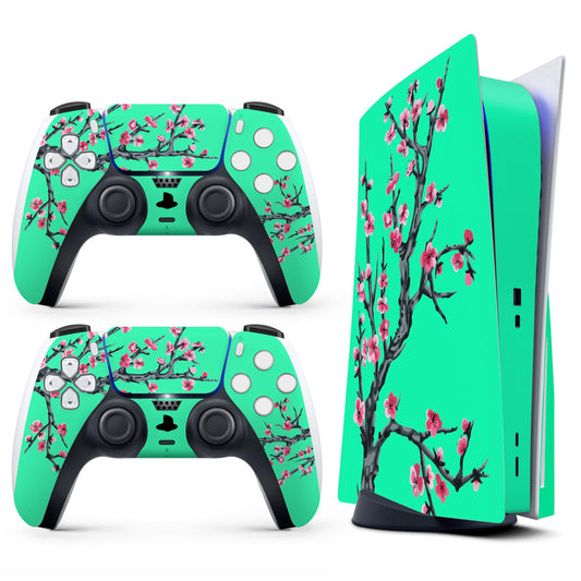 Skin Sticker for Game Console 5 Cover - Teal Cherry, Compatible with Both Disc Edition & Digital Edition (not Slim Ver) - 2 Controller Skins & Console Skin - No Bubble, Full Protection, Removable
