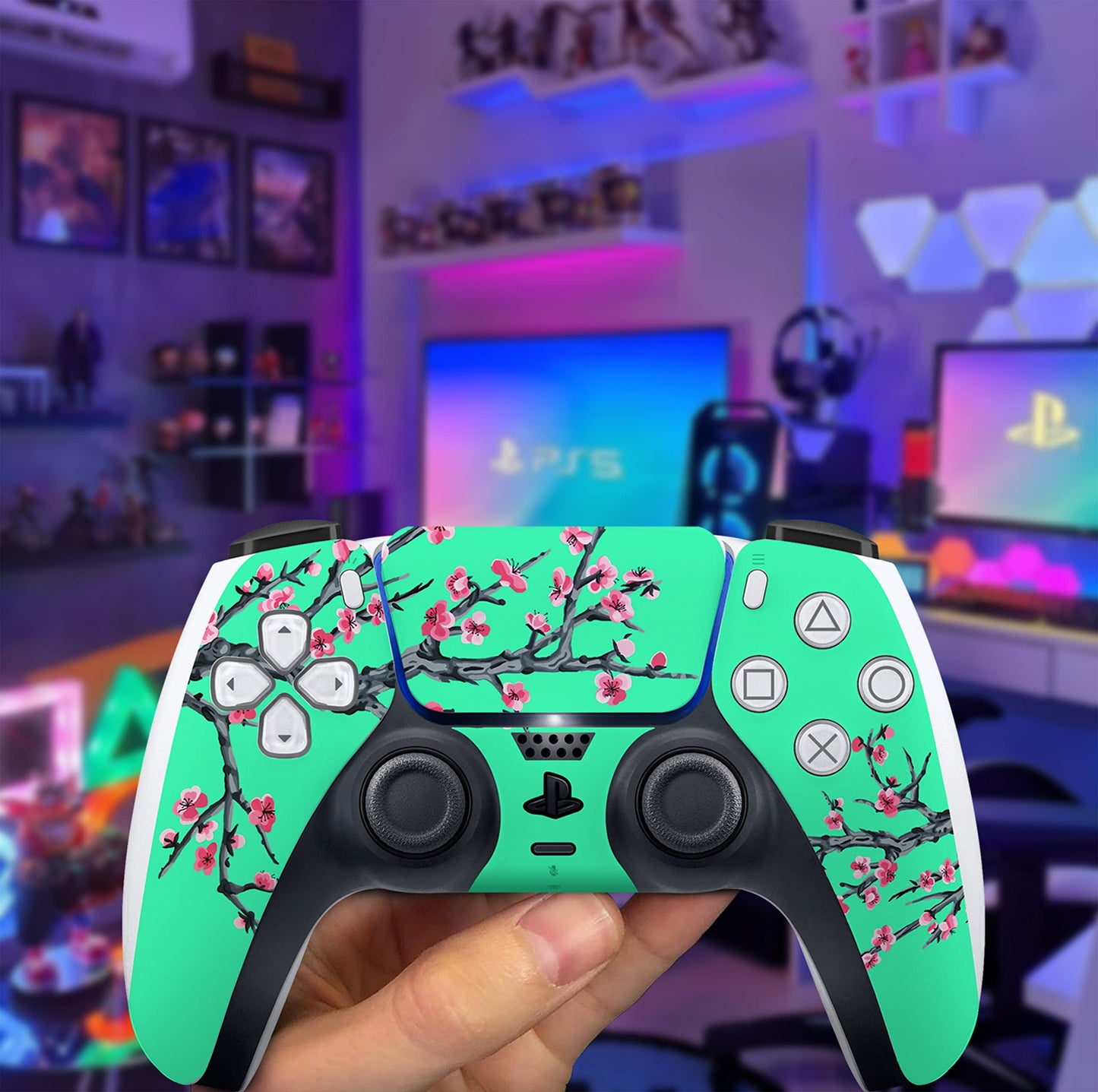 Skin for PS5 Sticker Cover - Teal Cherry Blossom Game, Compatible with Both Disc Edition & Digital Edition (not Slim Ver) - 2 Controller Skins & Console Skin - No Bubble, Full Protection, Waterproof