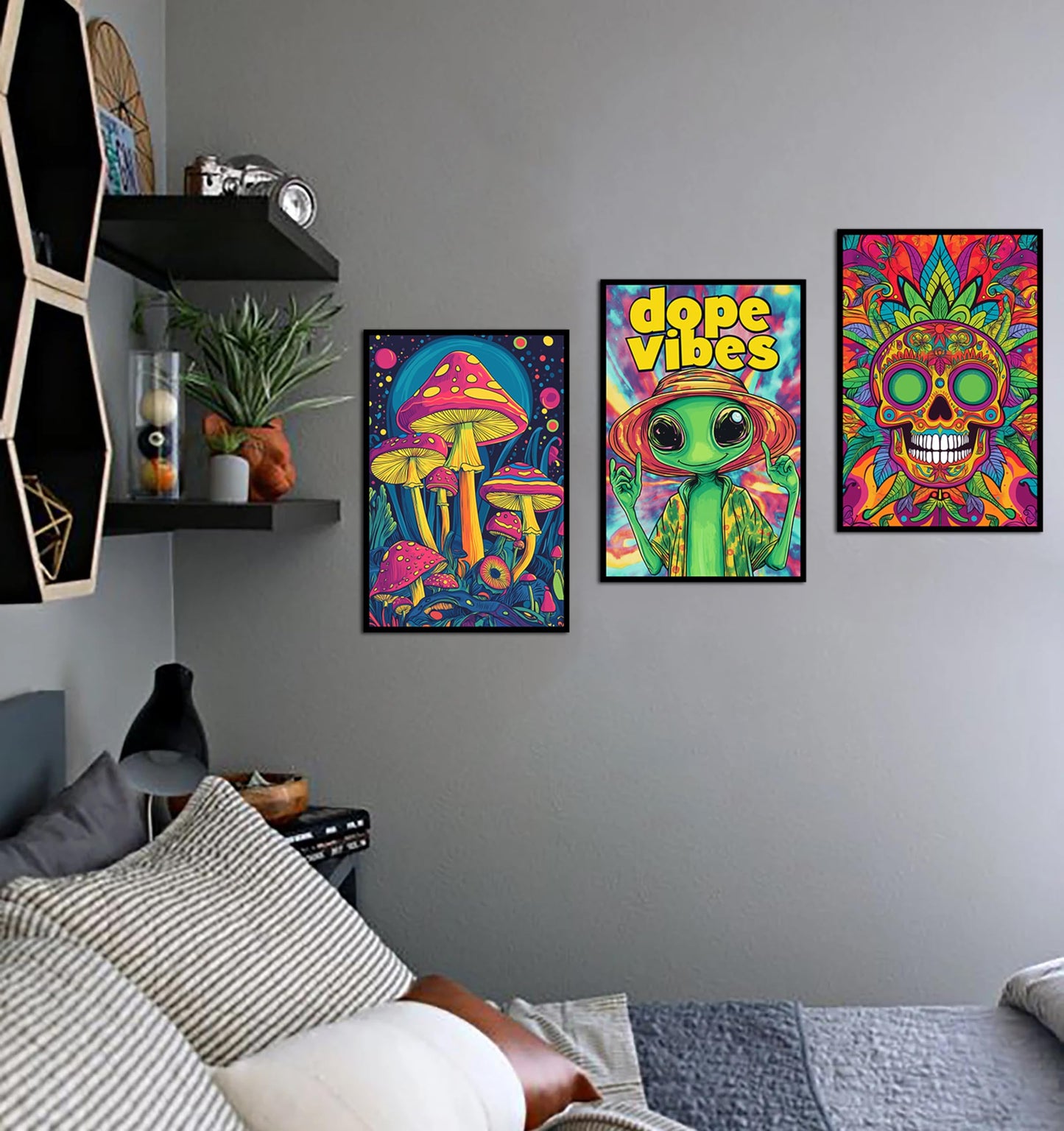 Hippie Room Decor Aesthetic Posters 13" x 17" Pack 3 - Illusion Framed Alien, Mushroom, Skull Dorm Decor, Trippy Room Decor, Funky Decor