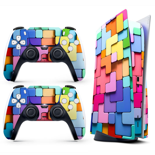 Skin Sticker for Game Console 5 Cover - Puzzle Art, Compatible with Both Disc Edition & Digital Edition (not Slim Ver) - 2 Controller Skins & Console Skin - No Bubble, Full Protection, Removable