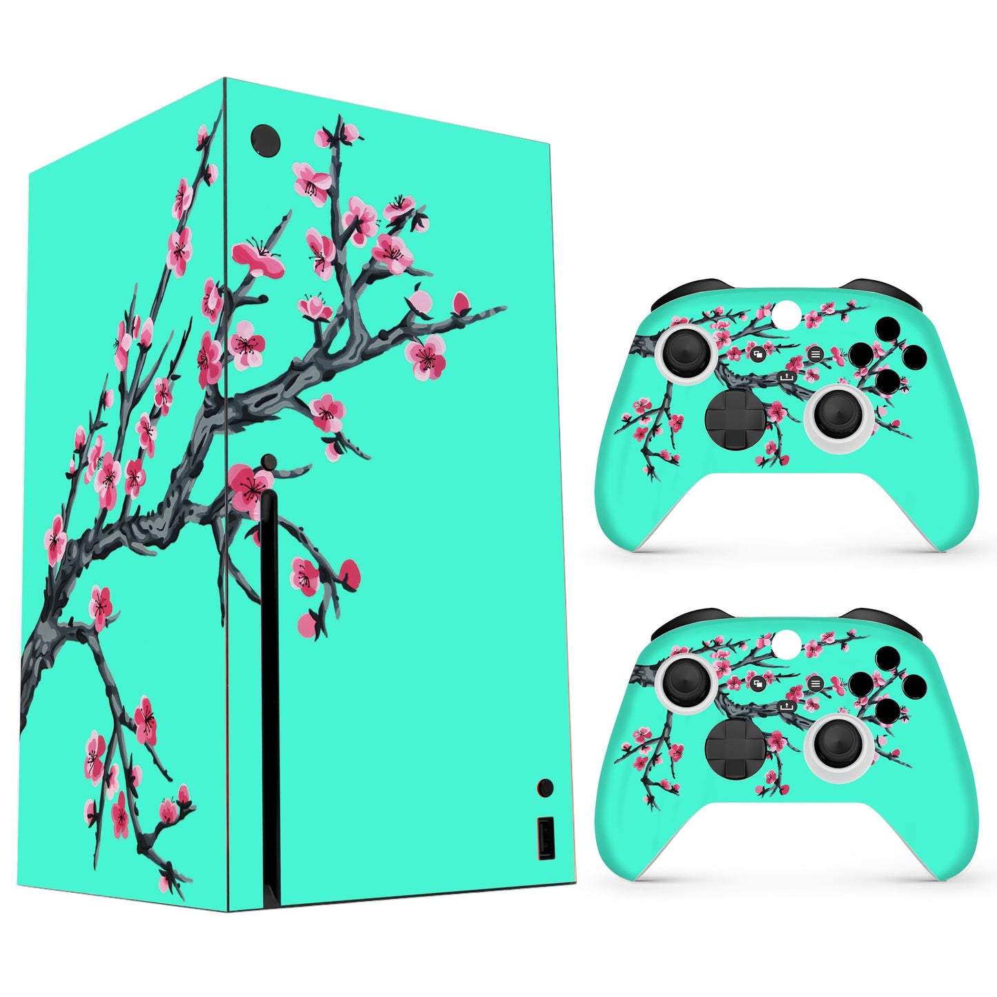 Skin Sticker Compatible with XBX Series X Cover - Teal Cherry, 2 Controller Skins & Console Skin - No Bubble, Full Protection, Removable