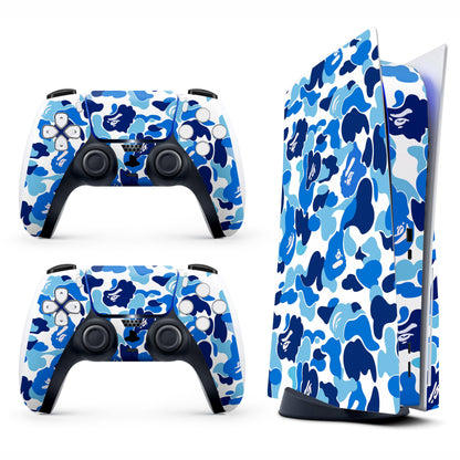 Skin Sticker for Game Console 5 Cover - Blue Camo, Compatible with Both Disc Edition & Digital Edition (not Slim Ver) - 2 Controller Skins & Console Skin - No Bubble, Full Protection, Removable