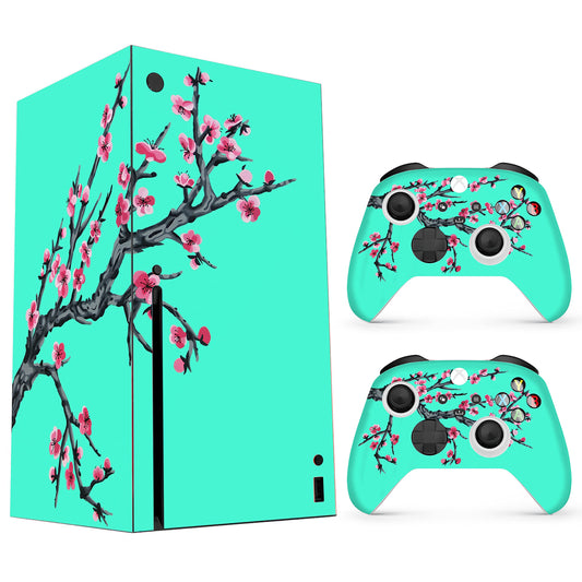 HK Studio Teal Cherry Blossom Decal Sticker Skin to Cover X-Box Series X with No Bubble, Waterproof, Full Protection - Including 2 Controller Skins and Console Skin