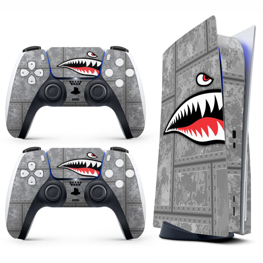 Skin Sticker for Game Console 5 Cover - Funny Shark, Compatible with Both Disc Edition & Digital Edition (not Slim Ver) - 2 Controller Skins & Console Skin - No Bubble, Full Protection, Removable