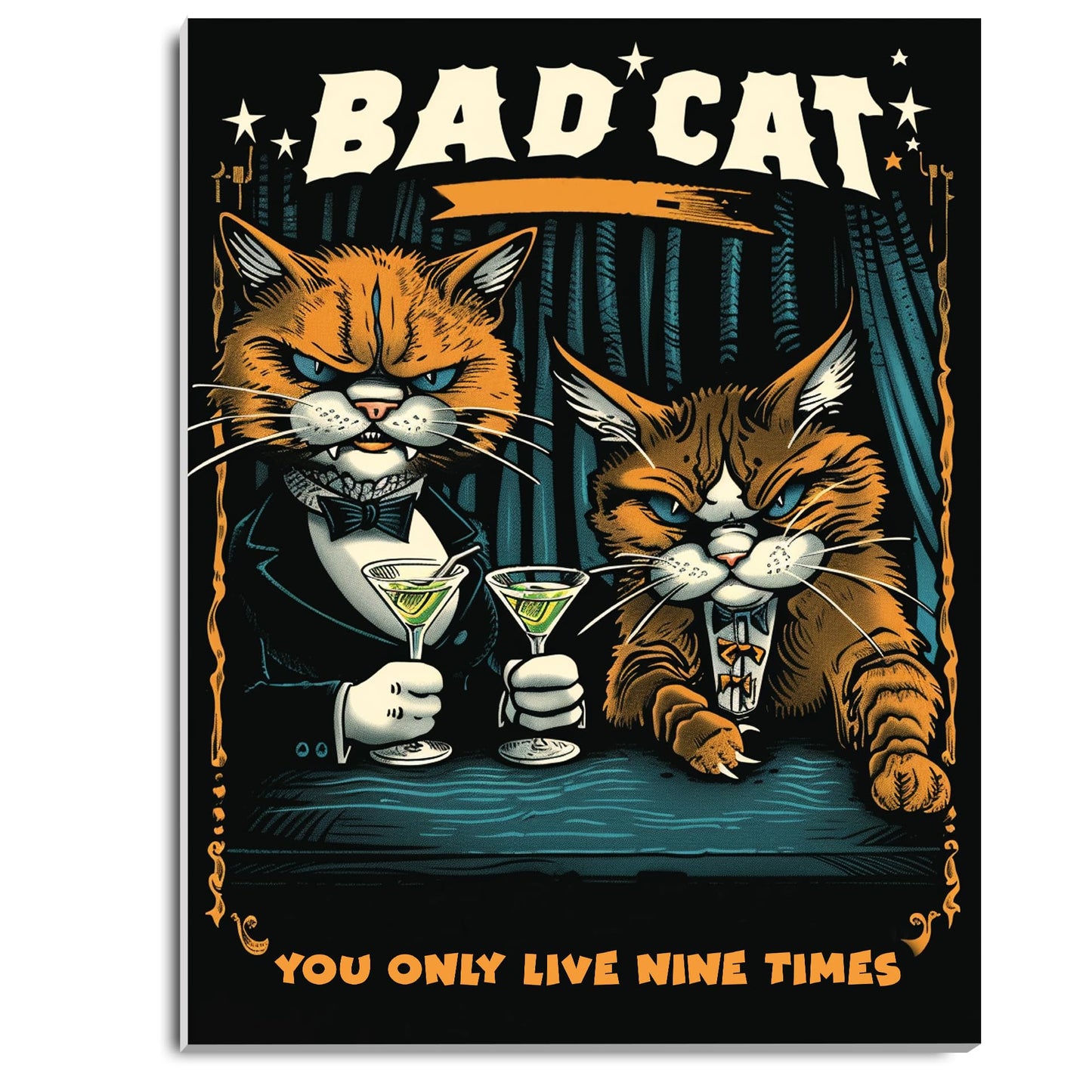 HK Studio Funny Cat Decor Aesthetic Posters 13" x 17" - Bad Cat You Only Live Nine Times Dorm Decor, Room Decor Aesthetic, Bar Decor