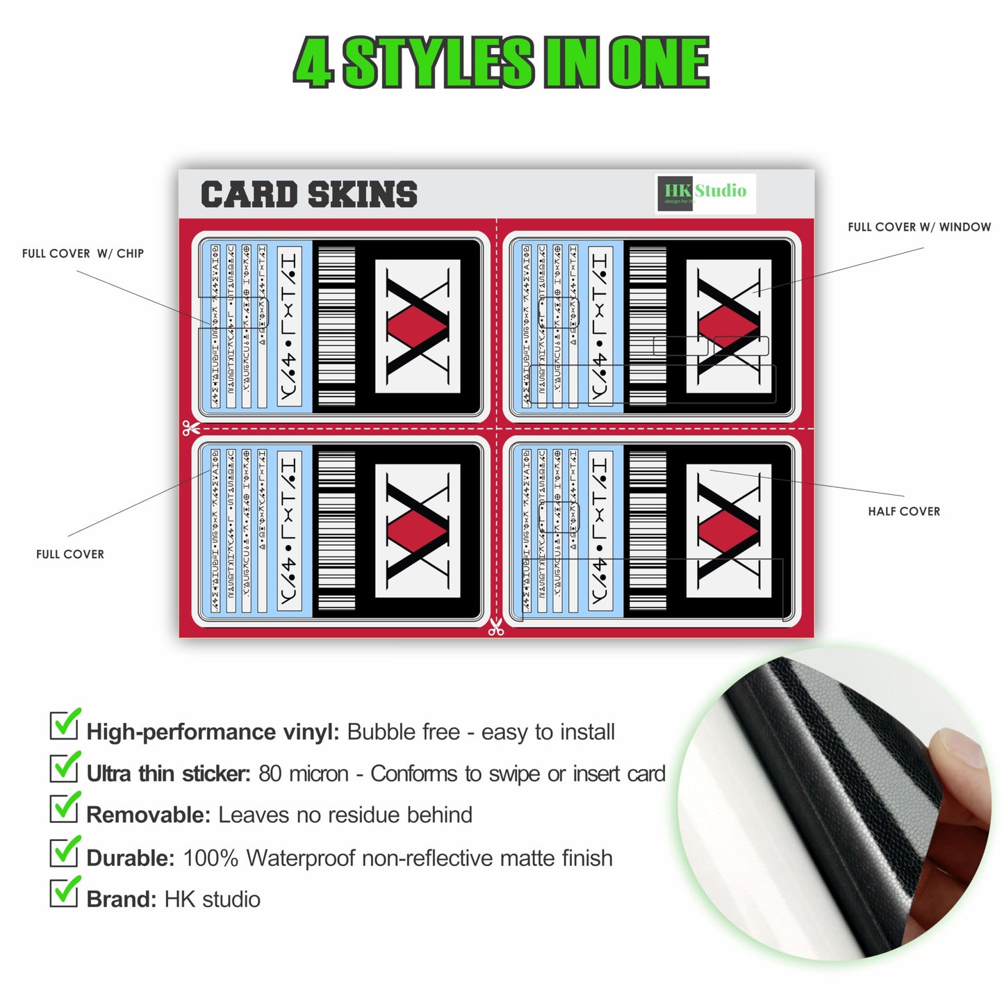 Credit Card Skin, Anime Hunter, 4 Pcs in 1 - Debit Card Skin, Bank, EBT, Metro, Key Card - Removable, Credit Card Sticker