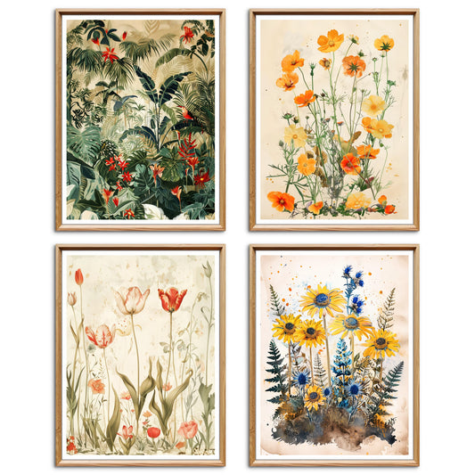 Vintage Cottagecore Decor Flower Floral 13" x 17" Pack 4 - Illusion Framed Botanical Wall Art for Dorm Decor, Aesthetic Room Decor, Vintage Room Decor