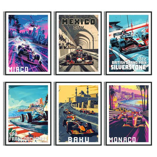 HK Studio F1 Race Car Posters Decor 8" x 11" Pack 6 - Dorm Decor, Vintage Room Decor Aesthetic, Teen Room Decor