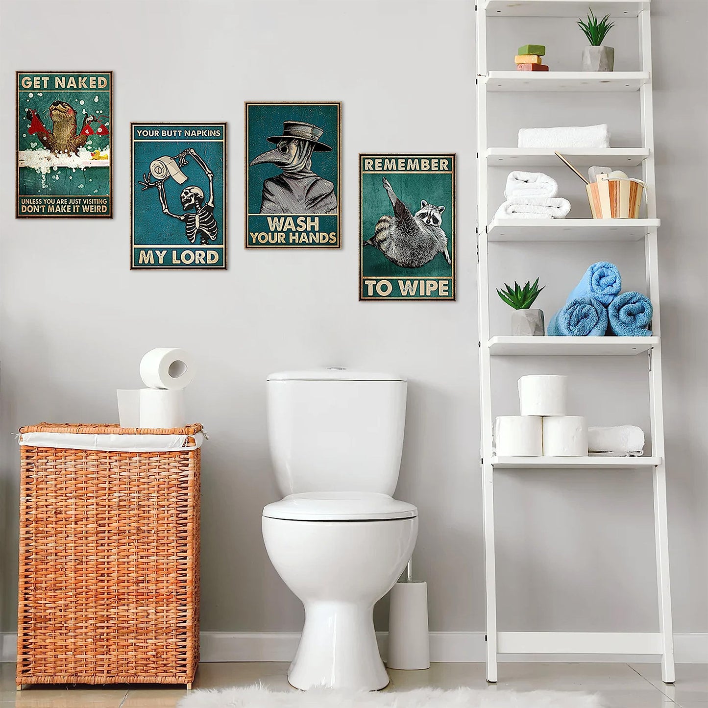 HK Studio Toilet Funny Bathroom Decor 11" x 16" Pack 4 - Hilarious Quotes Funny Bathroom Signs