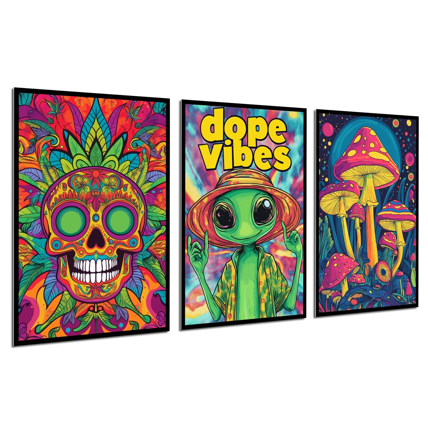 Hippie Room Decor Aesthetic Posters 13" x 17" Pack 3 - Illusion Framed Alien, Mushroom, Skull Dorm Decor, Trippy Room Decor, Funky Decor