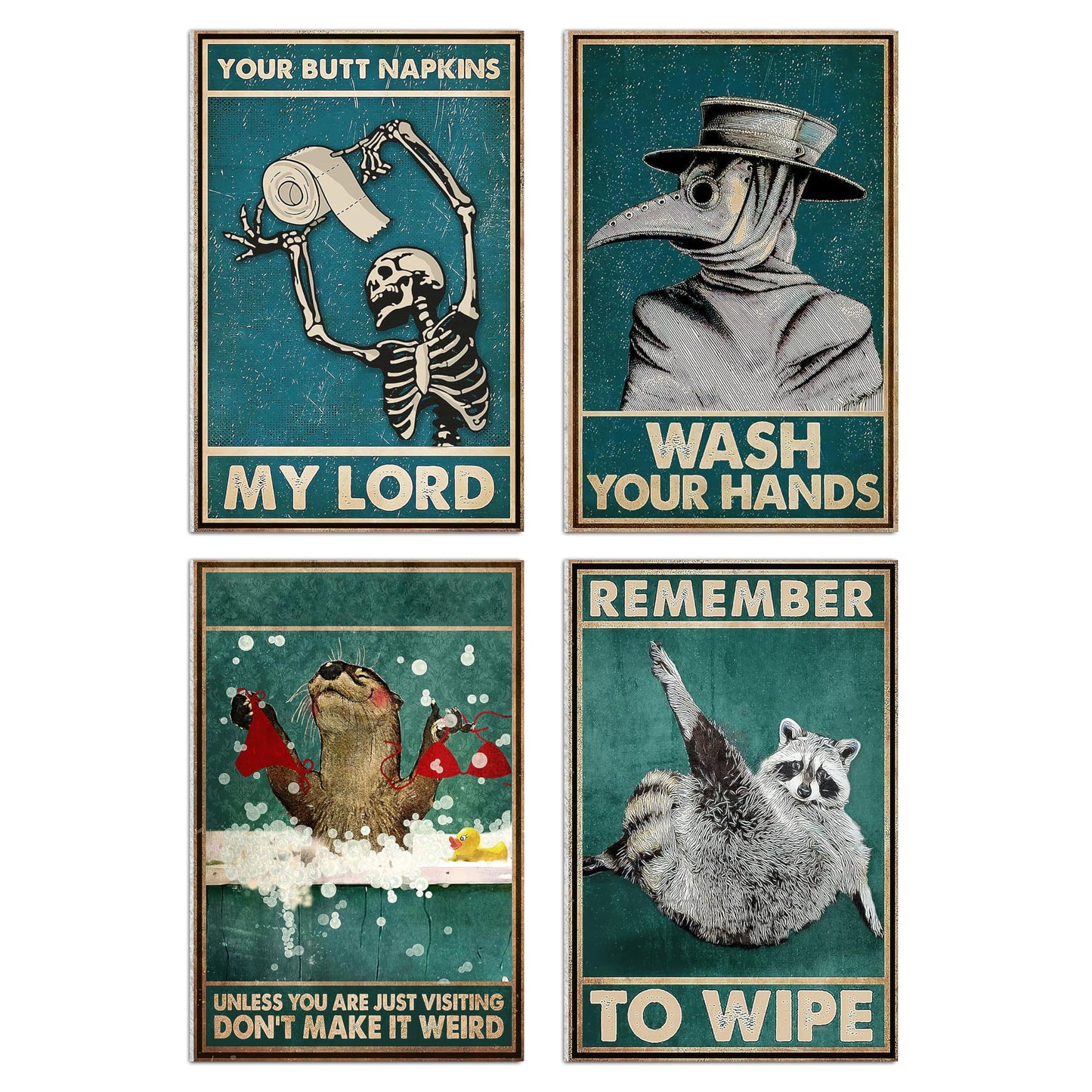 HK Studio Toilet Funny Bathroom Decor 11" x 16" Pack 4 - Hilarious Quotes Funny Bathroom Signs