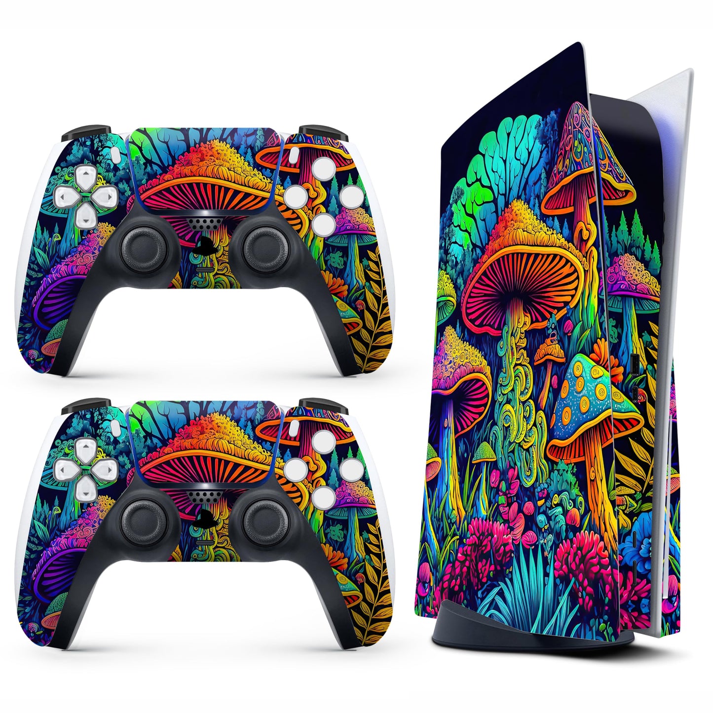 Skin Sticker for Game Console 5 Cover - Hippie Mushroom, Compatible with Both Disc Edition & Digital Edition (not Slim Ver) - 2 Controller Skins & Console Skin - No Bubble, Full Protection, Removable