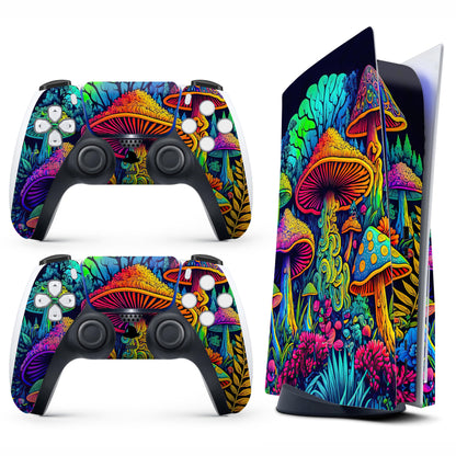 Skin Sticker for Game Console 5 Cover - Hippie Mushroom, Compatible with Both Disc Edition & Digital Edition (not Slim Ver) - 2 Controller Skins & Console Skin - No Bubble, Full Protection, Removable