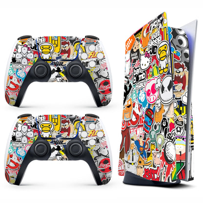 Skin Sticker for Game Console 5 Cover - Sticker Bomb, Compatible with Both Disc Edition & Digital Edition (not Slim Ver) - 2 Controller Skins & Console Skin - No Bubble, Full Protection, Removable