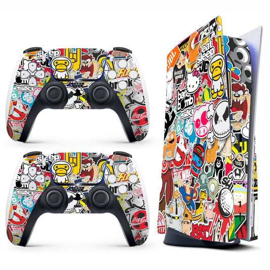 Skin Sticker for Game Console 5 Cover - Sticker Bomb, Compatible with Both Disc Edition & Digital Edition (not Slim Ver) - 2 Controller Skins & Console Skin - No Bubble, Full Protection, Removable