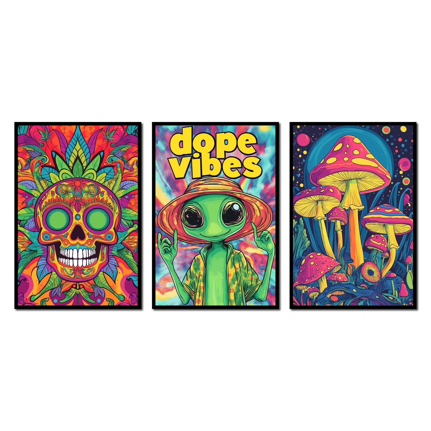 Hippie Room Decor Aesthetic Posters 13" x 17" Pack 3 - Illusion Framed Alien, Mushroom, Skull Dorm Decor, Trippy Room Decor, Funky Decor