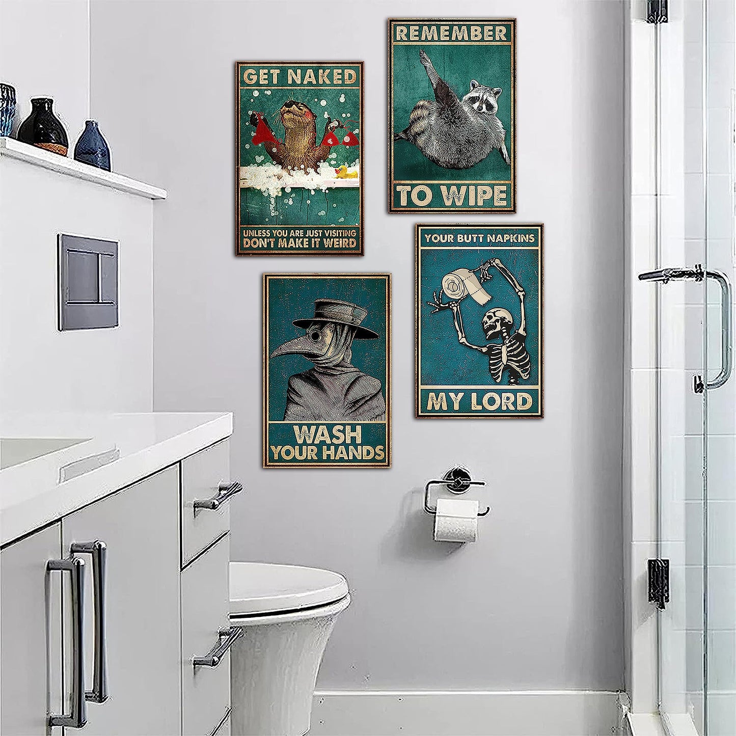 HK Studio Toilet Funny Bathroom Decor 11" x 16" Pack 4 - Hilarious Quotes Funny Bathroom Signs