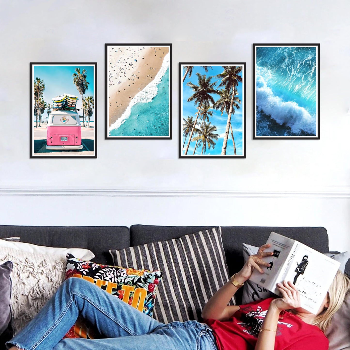 HK Studio Summer Beach Room Decor Aesthetic 11" x 17" Pack 4 - Beach Wall Decor for Bedroom, Dorm, Living Room, Bathroom - Wall Posters Beachy Room Decor