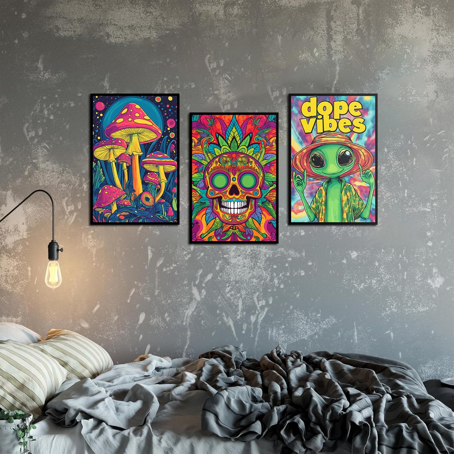 Hippie Room Decor Aesthetic Posters 13" x 17" Pack 3 - Illusion Framed Alien, Mushroom, Skull Dorm Decor, Trippy Room Decor, Funky Decor