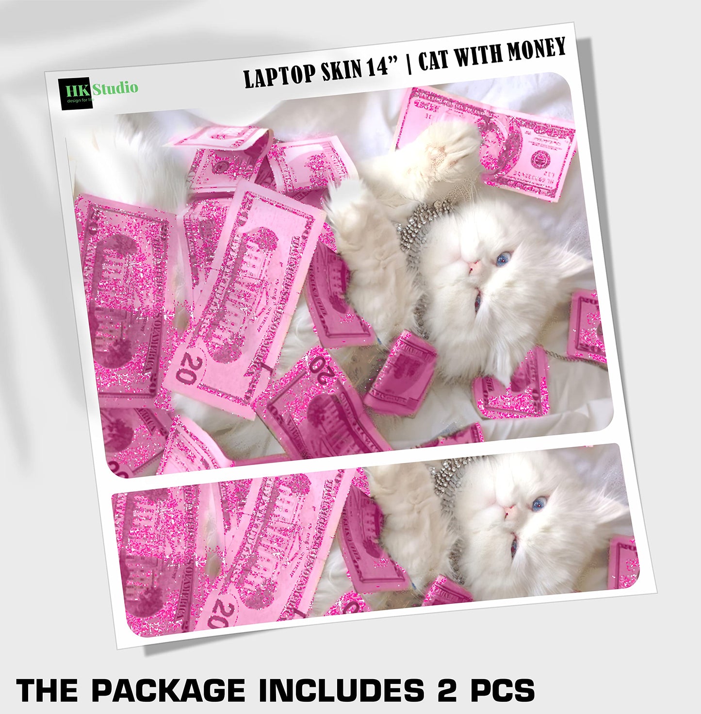 HK Studio Laptop Skin Decal Specific Fit for HP 14" with No Cutting Required, No Bubble, Waterproof, Scratch Resistant, Money Cat Design - Including Wide Screen and Full Wrist Pad Skin