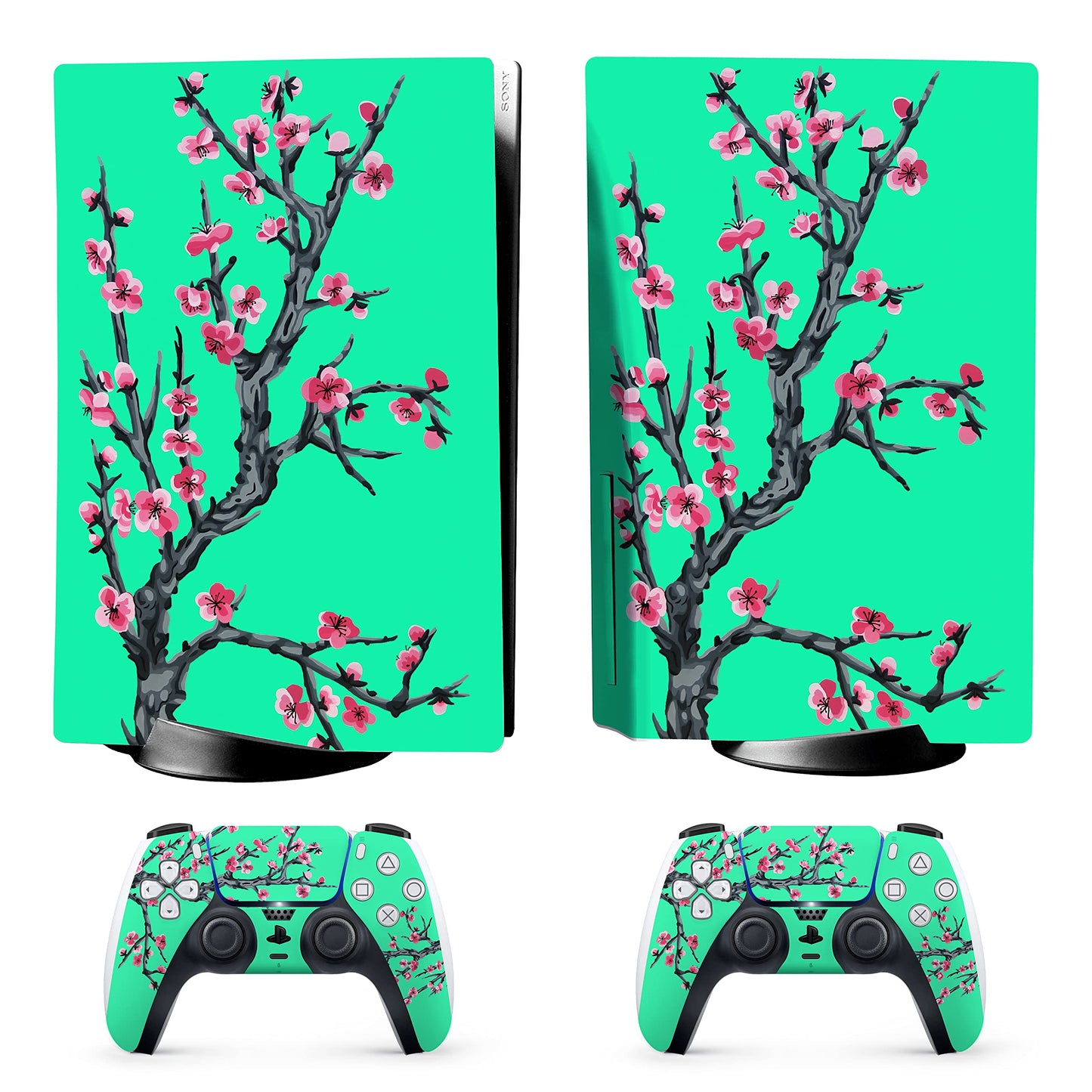 Skin for PS5 Sticker Cover - Teal Cherry Blossom Game, Compatible with Both Disc Edition & Digital Edition (not Slim Ver) - 2 Controller Skins & Console Skin - No Bubble, Full Protection, Waterproof