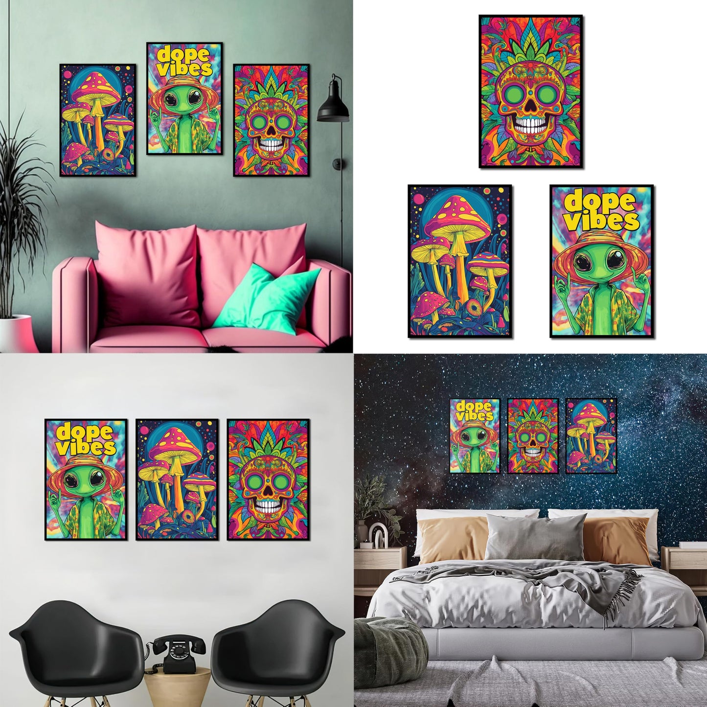 Hippie Room Decor Aesthetic Posters 13" x 17" Pack 3 - Illusion Framed Alien, Mushroom, Skull Dorm Decor, Trippy Room Decor, Funky Decor